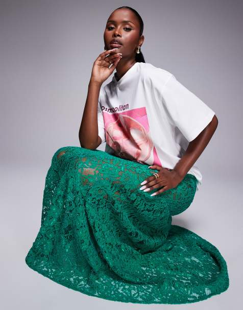 ASOS DESIGN tiered lace maxi skirt in green - view 1