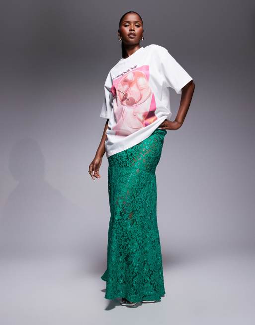 ASOS DESIGN tiered lace maxi skirt in green
