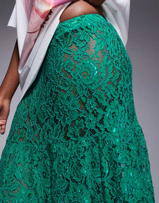 ASOS DESIGN tiered lace maxi skirt in green