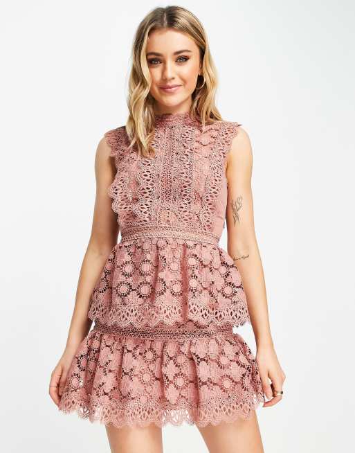 Lipsy lace midi dress with peplum hem in dusky rose, ASOS