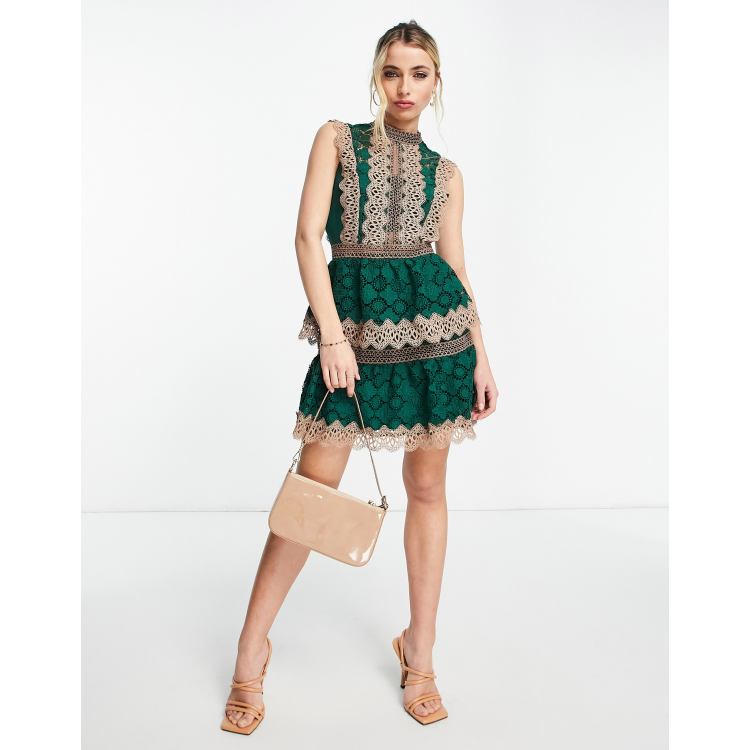 ASOS DESIGN soft slip mini dress with contrast lace and tie back detail in  green and pink