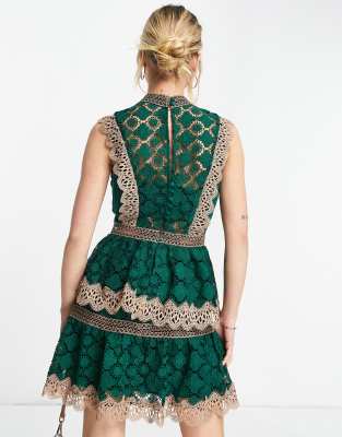 Love Notes Xia Contrast Lace Trim Mini Dress - Green