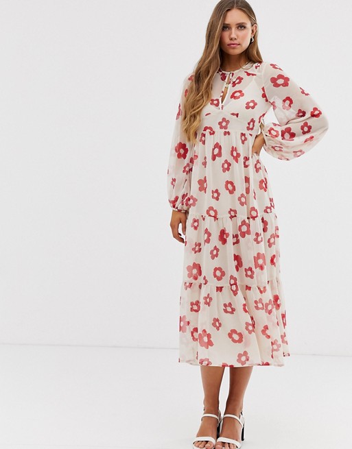 ASOS DESIGN tiered long sleeve smock maxi dress in floral print