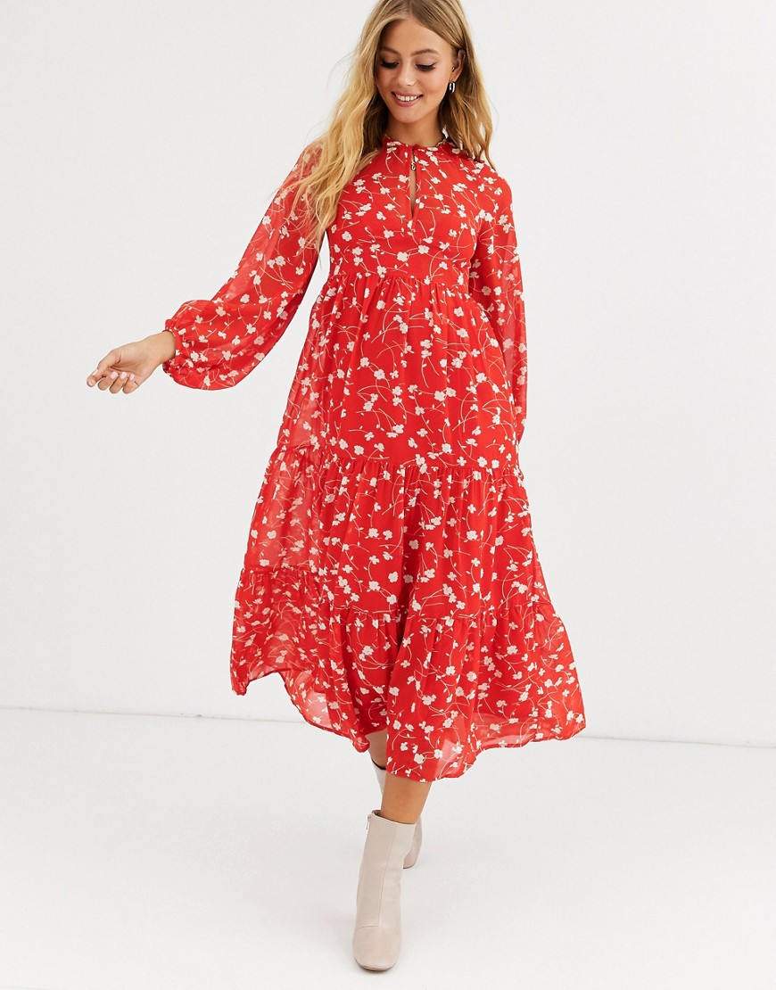 Asos Design Tiered Long Sleeve Smock Maxi Dress In Floral Print-multi