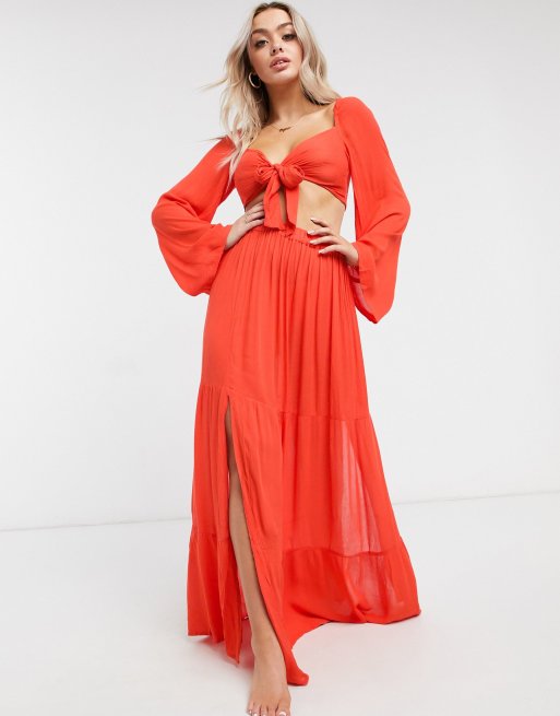 ASOS DESIGN tiered maxi beach skirt co-ord in red | ASOS