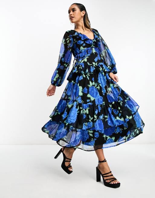 Black dress 2025 with blue flowers