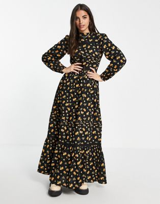 ASOS DESIGN tiered maxi dress with pintucks and lace inserts in dark based floral print