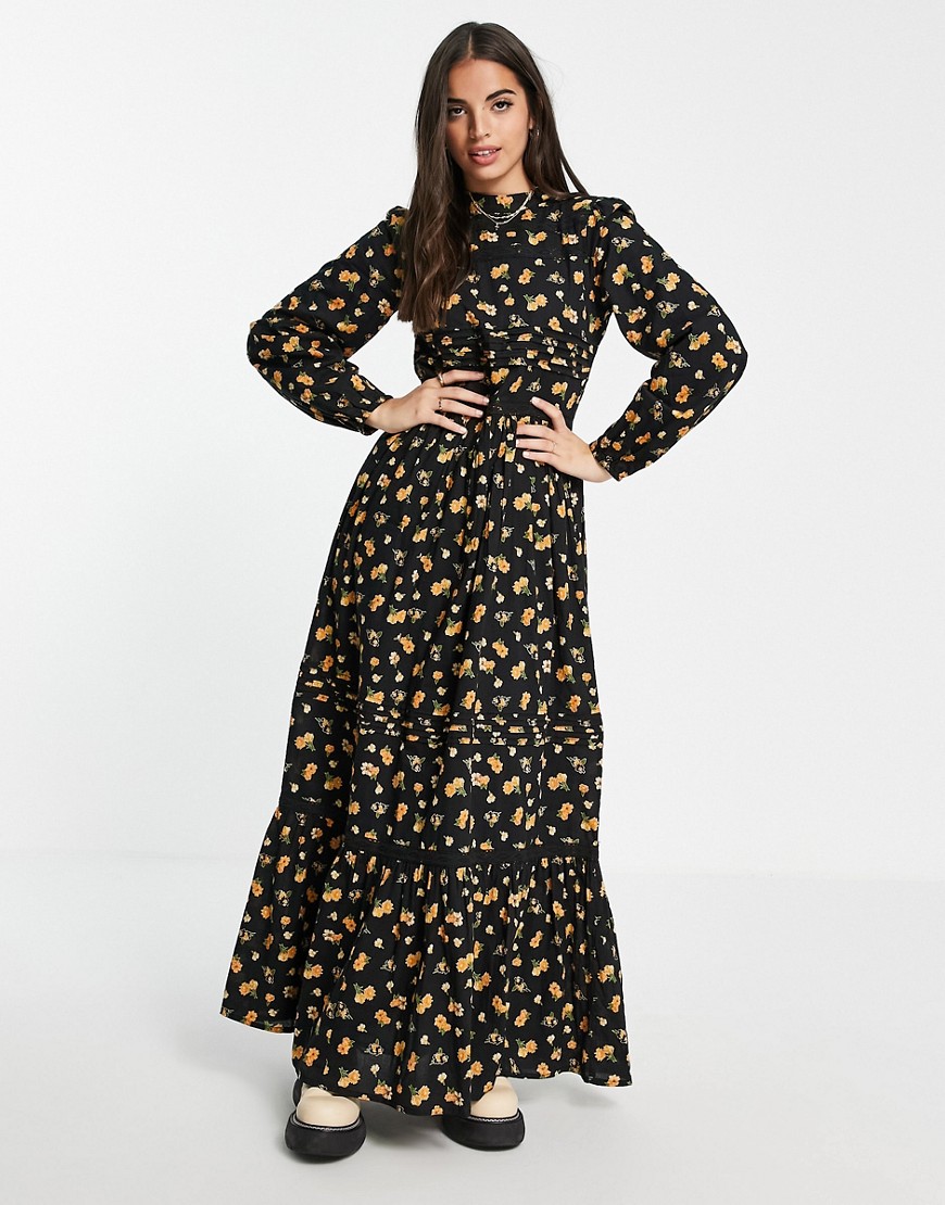 ASOS DESIGN tiered maxi dress with pintucks and lace inserts in dark based floral print-Multi