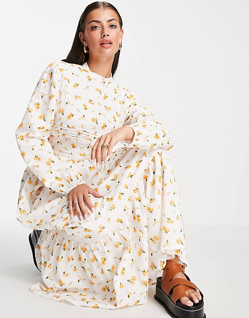 ASOS DESIGN tiered maxi dress with pintucks and lace inserts in floral print