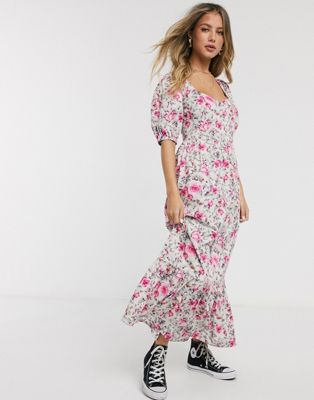 ASOS DESIGN tiered maxi dress with puff sleeves and open back in ditsy floral print