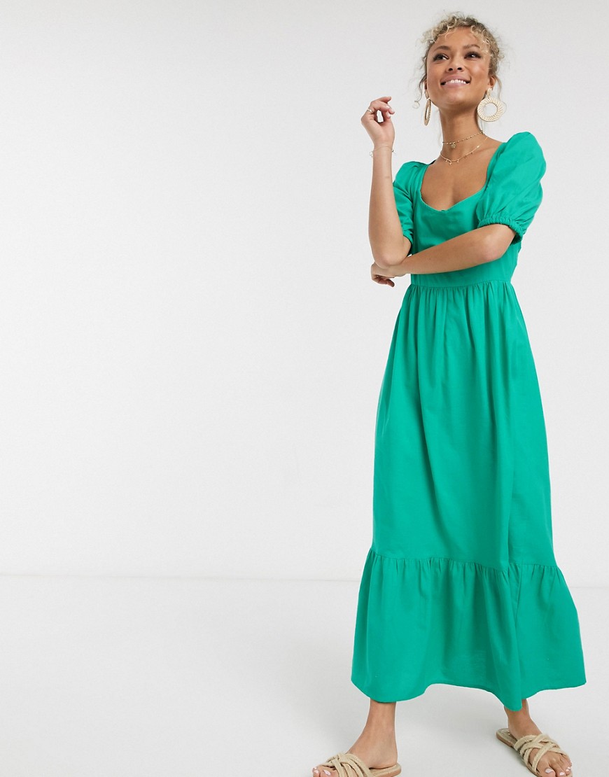 Asos Design Tiered Maxi Dress With Puff Sleeves And Open Back In Green ...