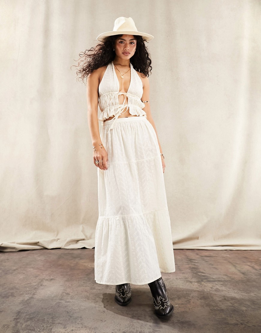 ASOS DESIGN tiered maxi skirt co-ord in cream embroidery-White