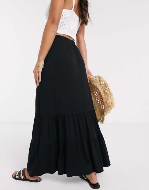 Long Tiered Skirt in Black Features Print