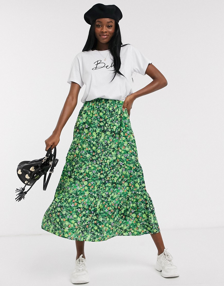 ASOS DESIGN tiered maxi skirt in green floral print-Multi