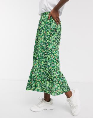 green tiered maxi skirt
