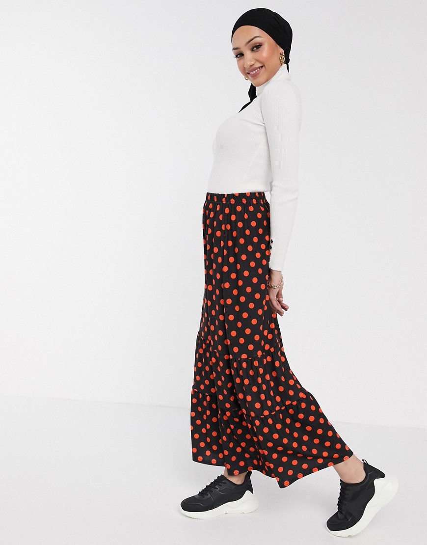 ASOS DESIGN tiered maxi skirt in red and black spot print-Multi