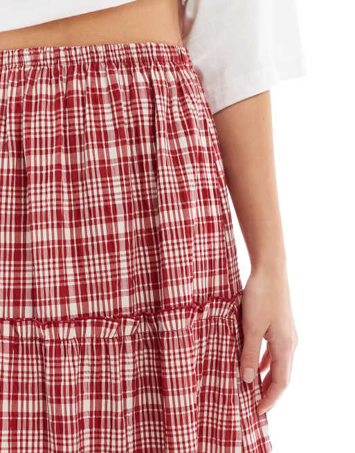 ASOS DESIGN tiered maxi skirt in red plaid ASOS