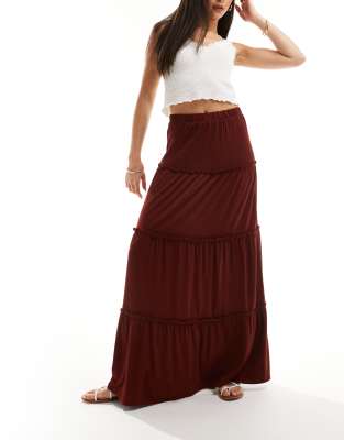 Asos Design Tiered Maxi Skirt In Rust-orange In Burgundy