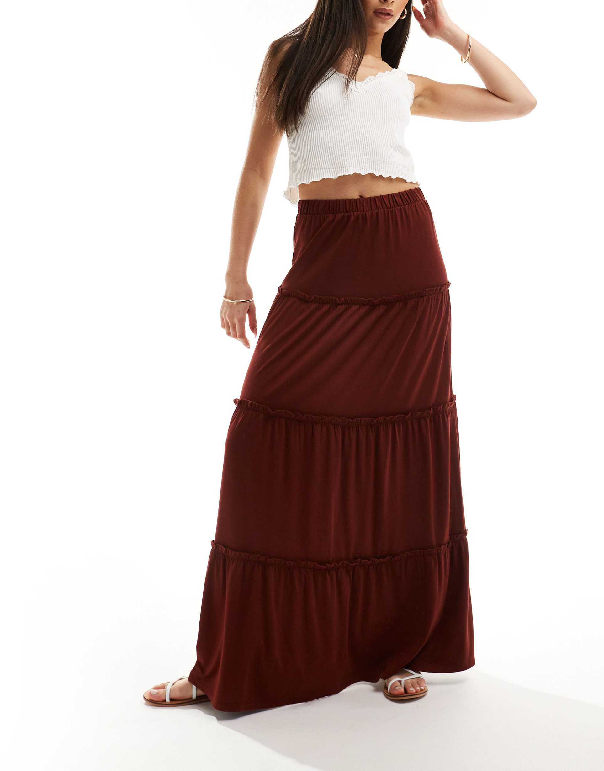 asos design tiered maxi skirt in rust