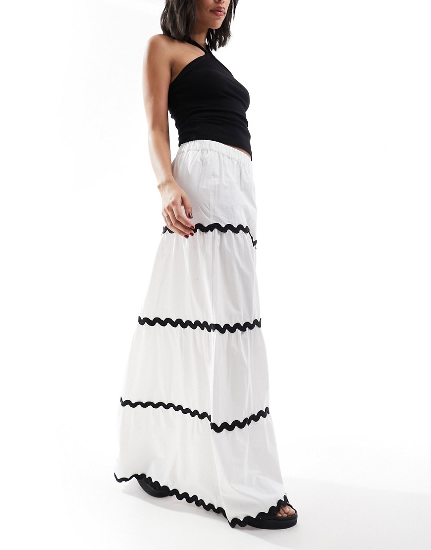 ASOS DESIGN tiered maxi skirt with rick rack detail in white