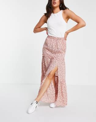 ASOS DESIGN tiered maxi skirt with thigh split in pink floral print-Multi