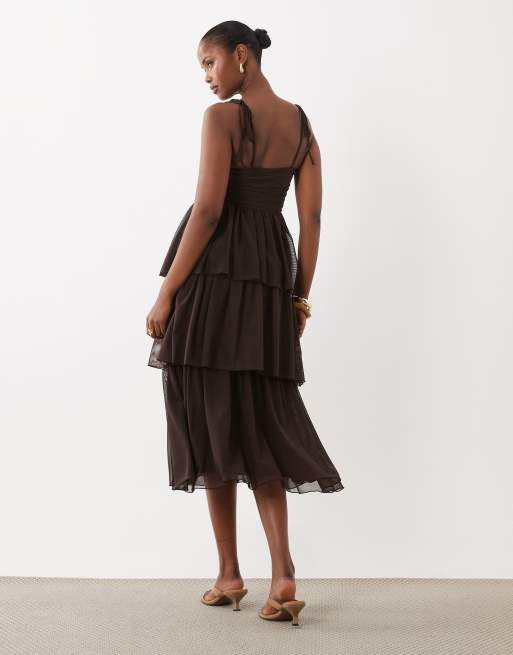 ASOS DESIGN tiered mesh midaxi dress in brown, 4 of 4