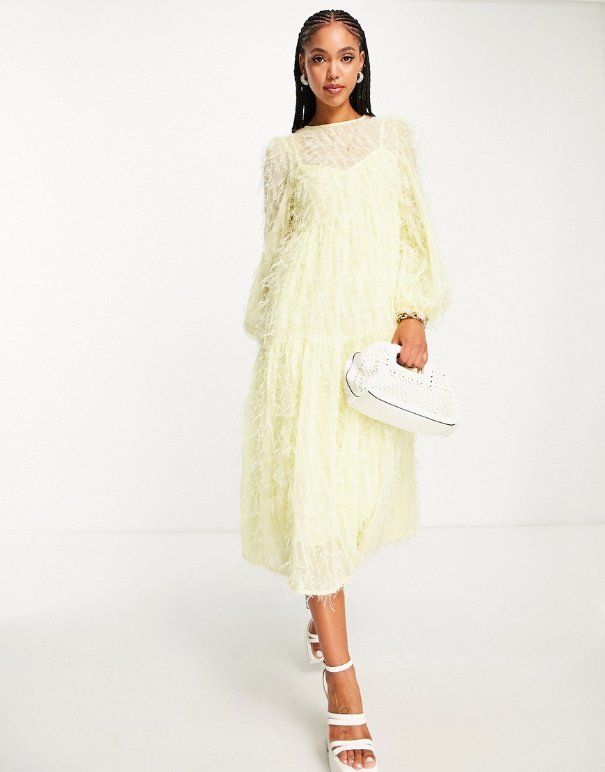 ASOS DESIGN tiered midi dress in fluffy texture in pale yellow