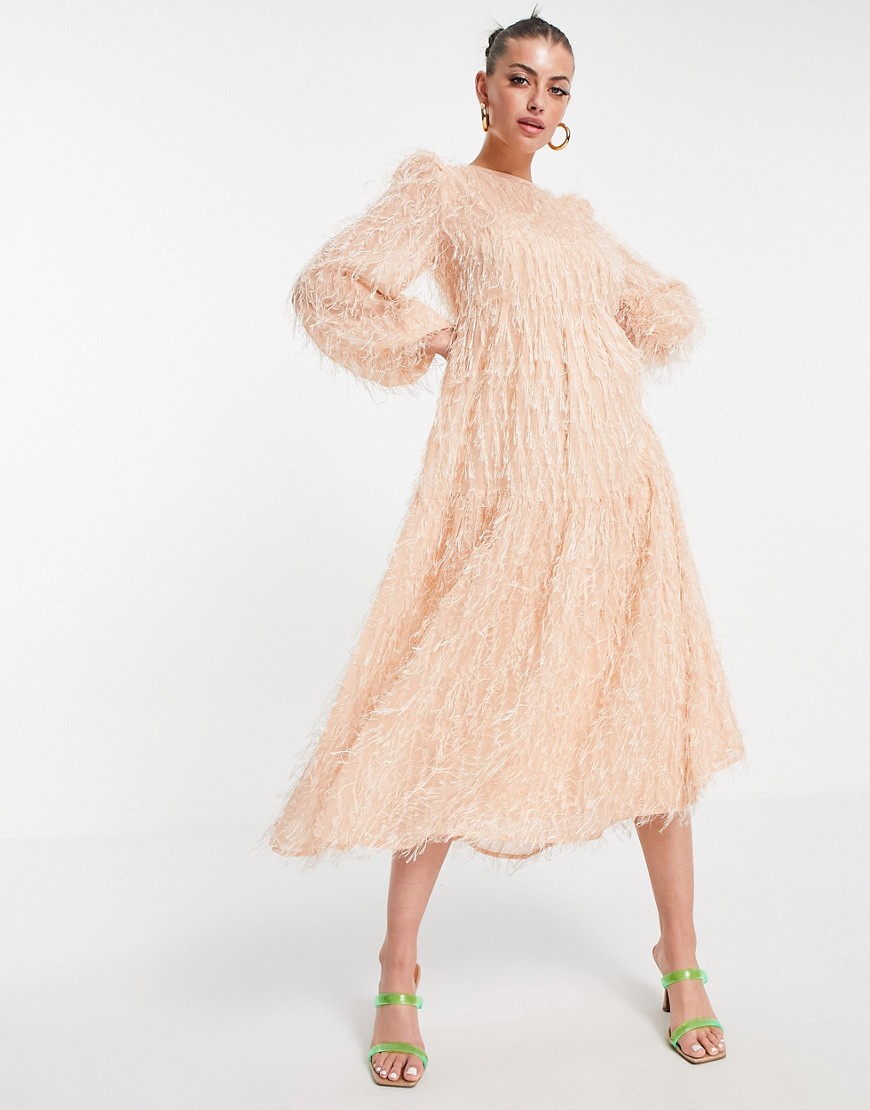 ASOS DESIGN tiered midi dress in fluffy texture in pink