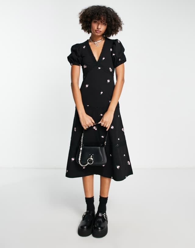 ASOS DESIGN tiered midi dress with lace trim and pink rose embroidery in black