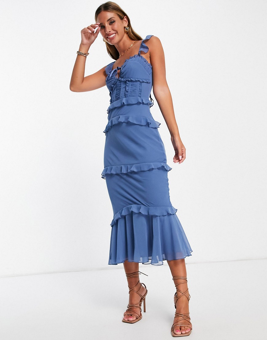 ASOS DESIGN tiered midi dress with ruched waist panels and tie details in blue-Blues