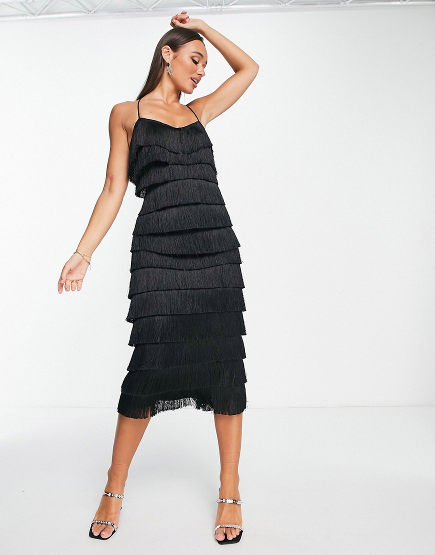 ASOS DESIGN tiered midi fringed dress with cross back detail in black