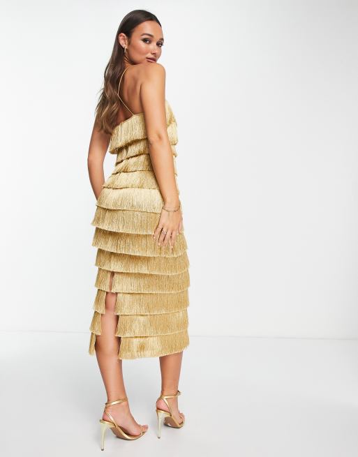 ASOS DESIGN tiered midi fringed dress with cross back detail in gold