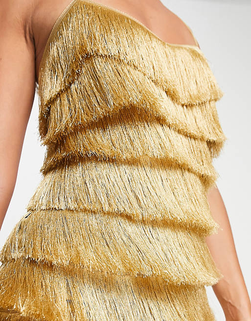 ASOS DESIGN tiered midi fringed dress with cross back detail in gold