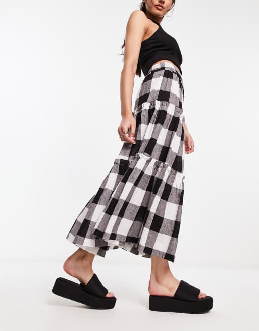 ASOS DESIGN tiered midi skirt in mono gingham ASOS