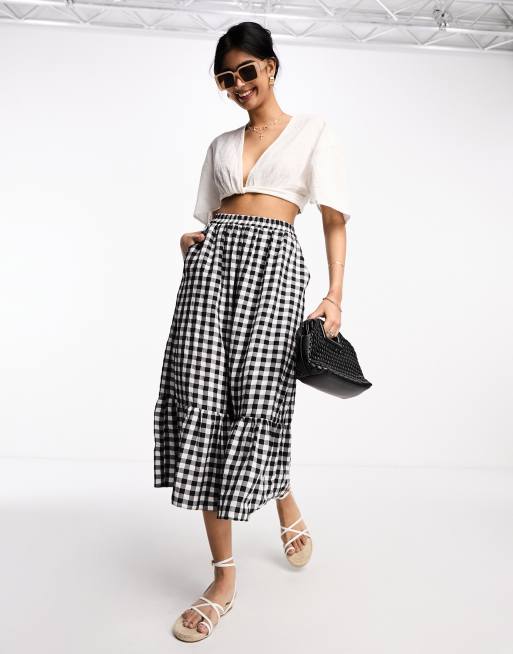 ASOS DESIGN tiered midi skirt with pockets in gingham