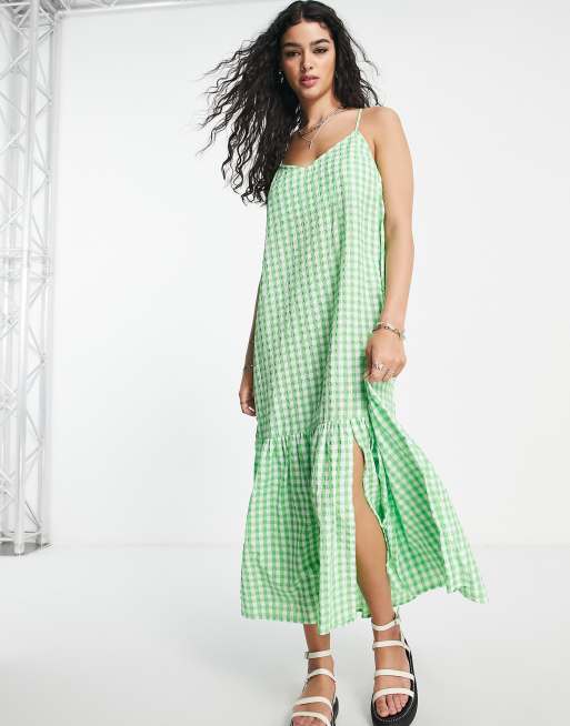 ASOS DESIGN tiered midi slip sundress in green gingham