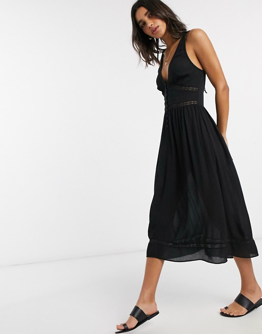 ASOS DESIGN tiered midi sundress with lace inserts in black