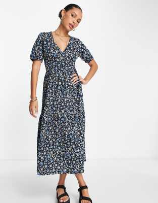 ASOS DESIGN tiered midi wrap dress with puff sleeve in black floral