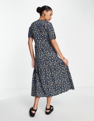 ASOS DESIGN tiered midi wrap dress with puff sleeve in black floral