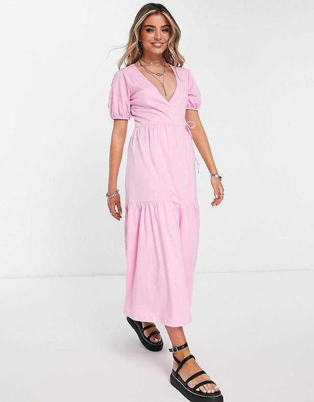 ASOS DESIGN tiered midi wrap dress with puff sleeve in bright pink