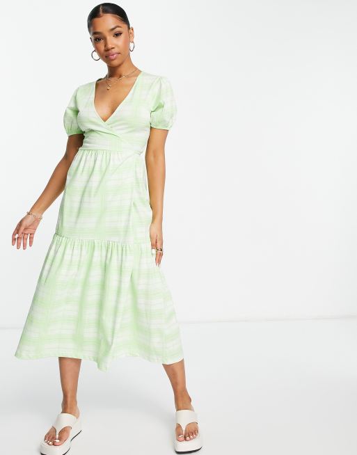 ASOS DESIGN tiered midi wrap dress with puff sleeve in green check | ASOS