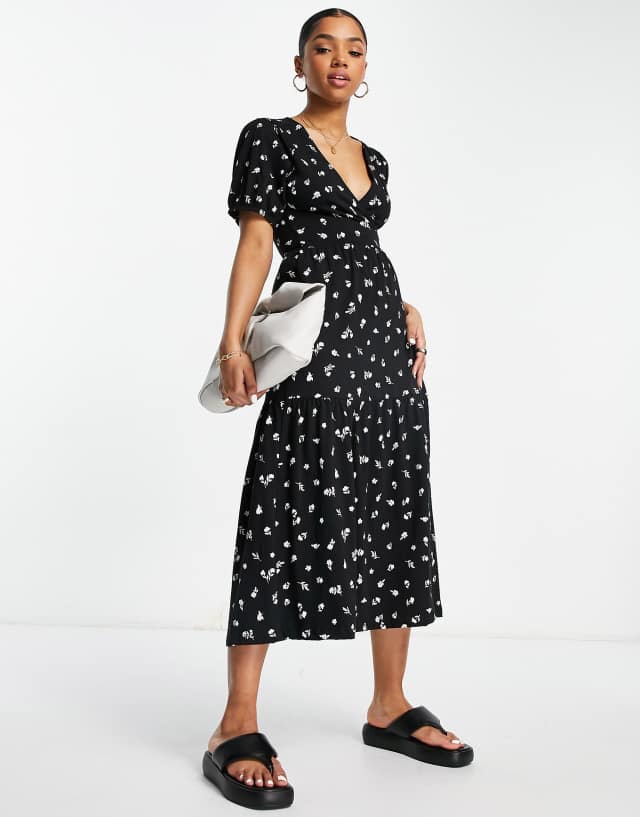 ASOS DESIGN tiered midi wrap dress with puff sleeve in mono ditsy print