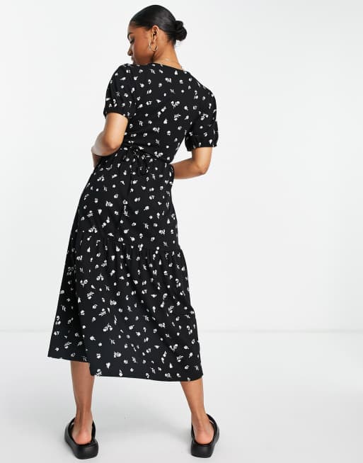ASOS DESIGN tiered midi wrap dress with puff sleeve in mono ditsy print, 2 of 4