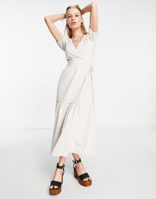 Asos Design Tiered Midi Wrap Dress With Puff Sleeve In Stone-neutral