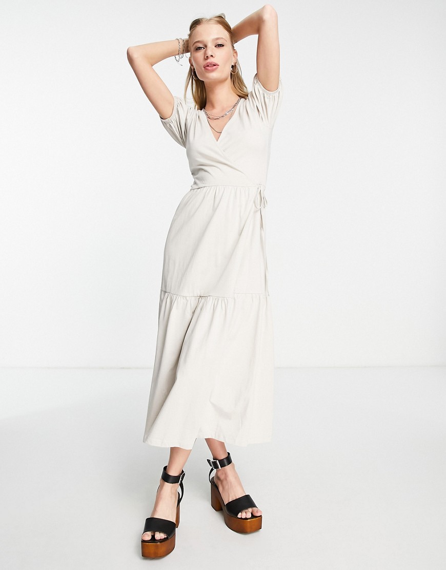 ASOS DESIGN tiered midi wrap dress with puff sleeve in stone-Neutral