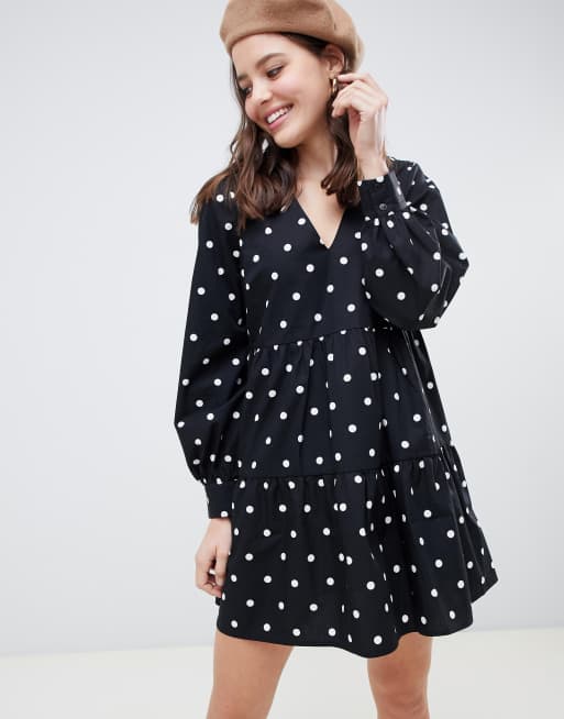 ASOS DESIGN tiered mini cotton smock dress with long sleeves in spot