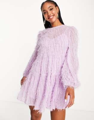 Asos Design Tiered Mini Dress In Fluffy Texture In Lilac-purple In Purple