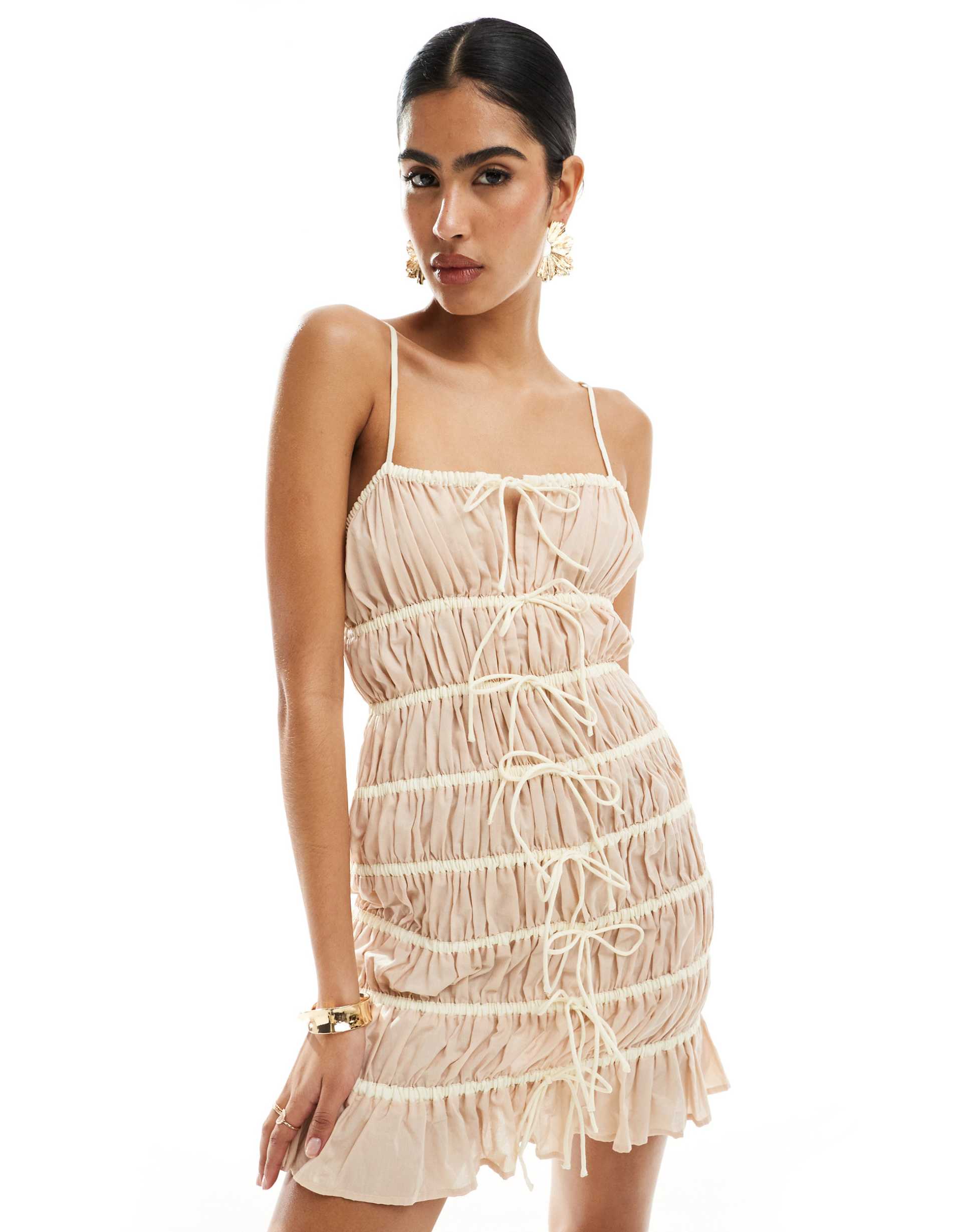 asos design tiered mini dress with contrast tie straps in stone