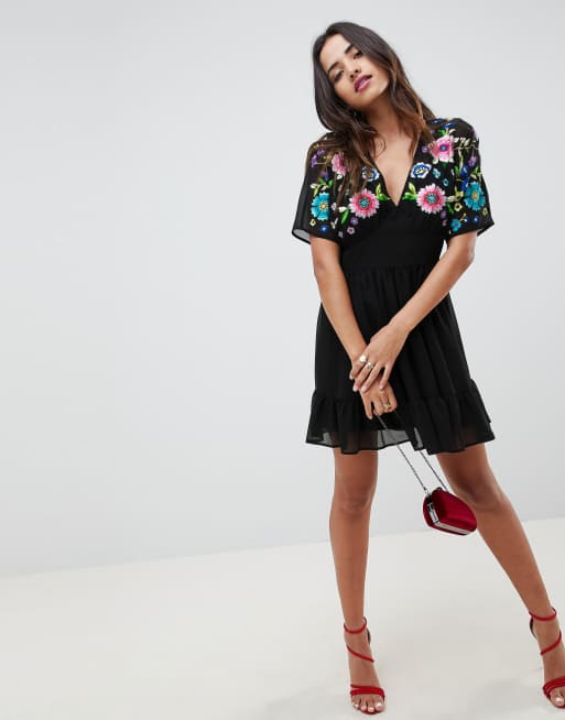 Asos black best sale floral embroidered dress