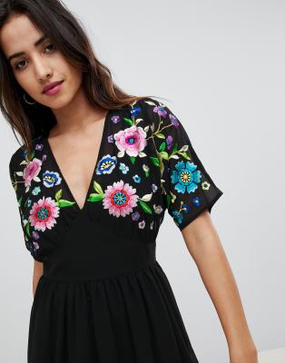 floral embroidery casual mini dress